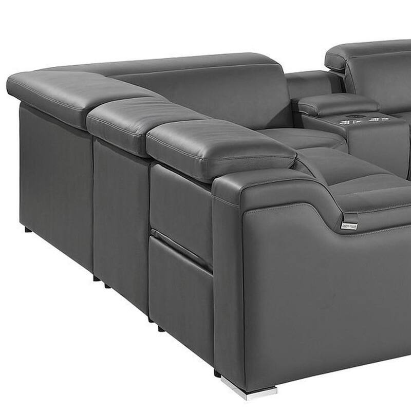 HomeRoots Dark Gray Italian Leather Power Reclining U Shaped Ten Piece Corner Sectional With Console