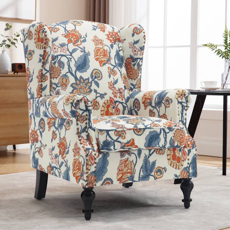 HOMYKA 29'' Wide Floral Pattern Wingback Accent Armchair with Nailhead Trim