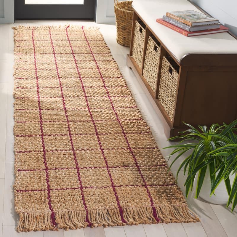 SAFAVIEH Flatweave Natural Miyoko Fiber Farmhouse Jute Rug - 2'3" x 8' Runner - Natural/Wine