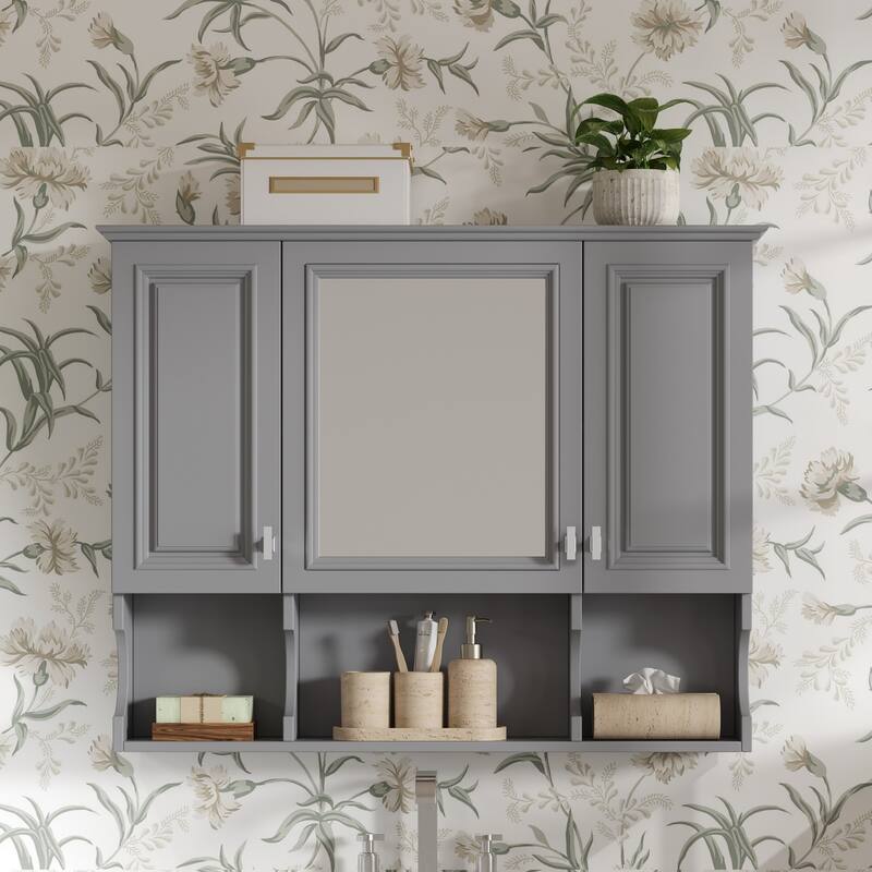 35''x 28''Wall Mounted Bathroom Medicine Cabinet,Modern Bathroom Wall Cabinet with Mirror,Mirror Cabinet with Open Shelves - Gray