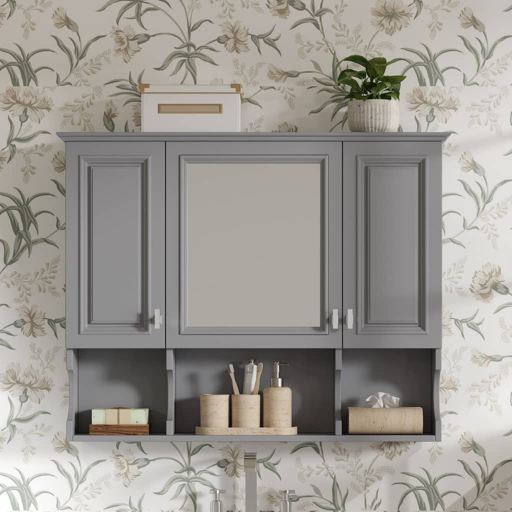 Roomfitters 35x28 Inch Wall Mounted Bathroom Medicine Cabinet with Mirror and Open Shelves, Gray