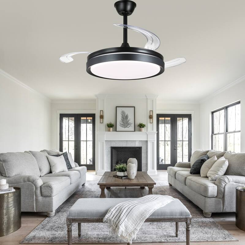 Cusp Barn 42 Inch Retractable Ceiling Fan with Lights, Modern Silent DC Motor 6 Speeds Chandelier Ceiling Fan for Bedroom
