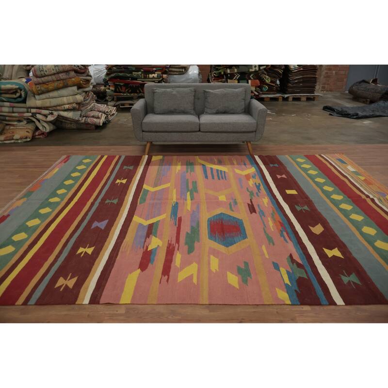 Hand Woven Oriental 100% Wool Carpet Southwestern Tribal Multi-Colored Kilim Area Rug - 11' 10'' X 8' 8''