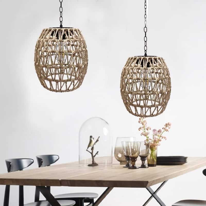 Twine hooks hanging lamp brown, beige solar light rattan, bamboo porch light