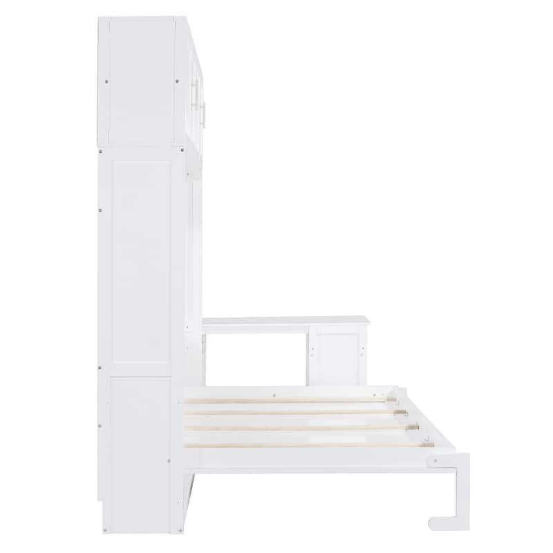 Queen Size Murphy Bed with Storage Shelves and 2 Storage Cabinets, Wooden Foldable Wall Bed Frame with Desk & Hydraulic Lift