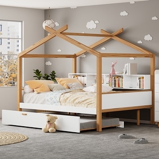Wooden House Bed with Original Wood Colored Frame Twin Size Trundle and Bookshelf Storage Space