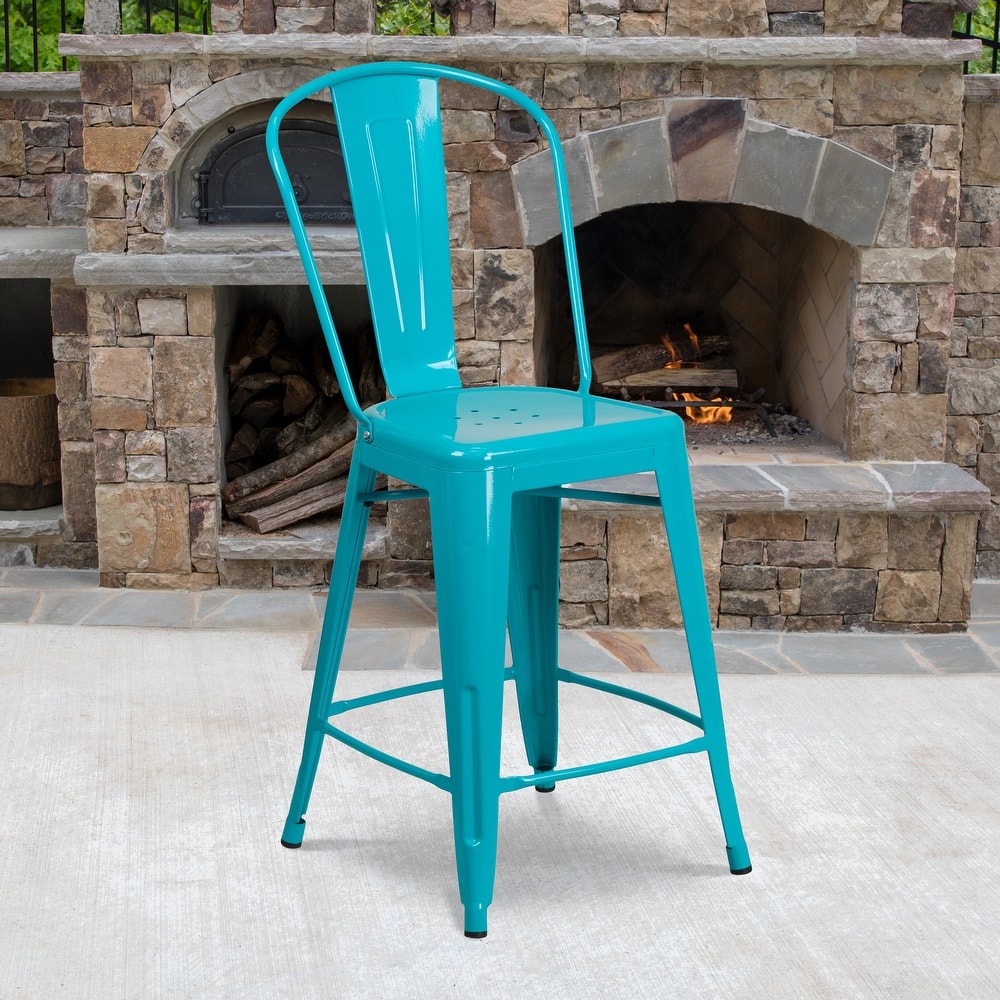 24'' High Metal Indoor-Outdoor Counter Height Stool with Back - 17.75"W x 22"D x 40.25"H