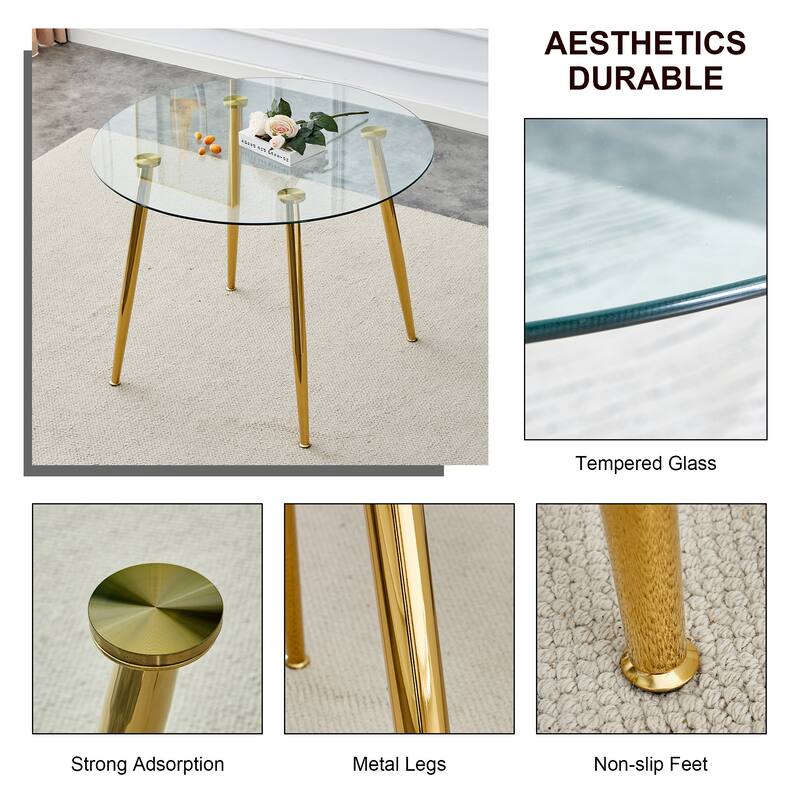 A glass tabletop with a diameter of 40 inches and a modern minimalist circular dining table with gold plated metal legs.