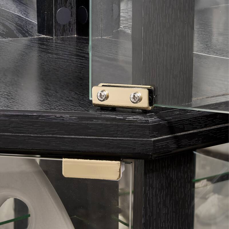 Lighted Corner Curio Cabinet, Glass Display Cabinet with Adjustable Shelves, Accent Cabinet with Curved Top Carving