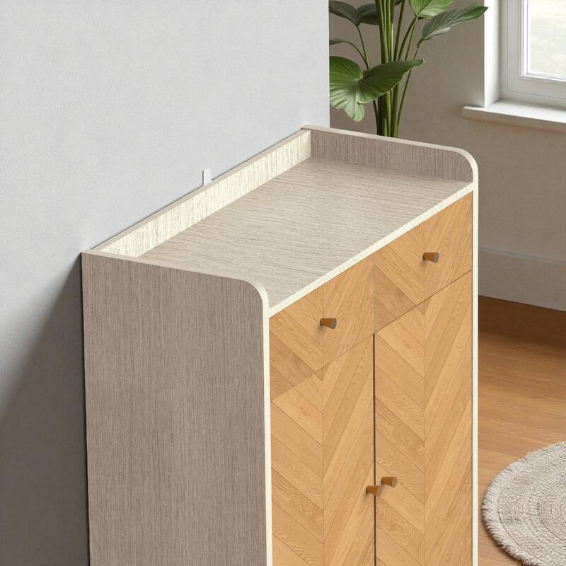 Modern 4-Tier Shoe Cabinet with 2 Drawers and Adjustable Shelves, Herringbone Wooden Freestanding Shoe Storage for Entryway