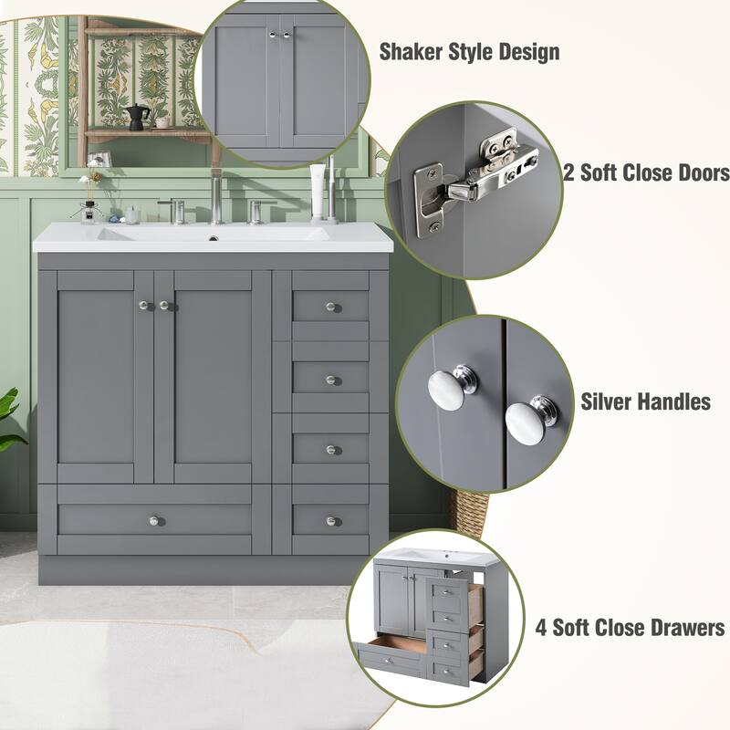 36" Shaker Style Free-Standing Bathroom Vanity Cabinet with Sink, 4 Soft-close Drawers and 2 Soft-close doors