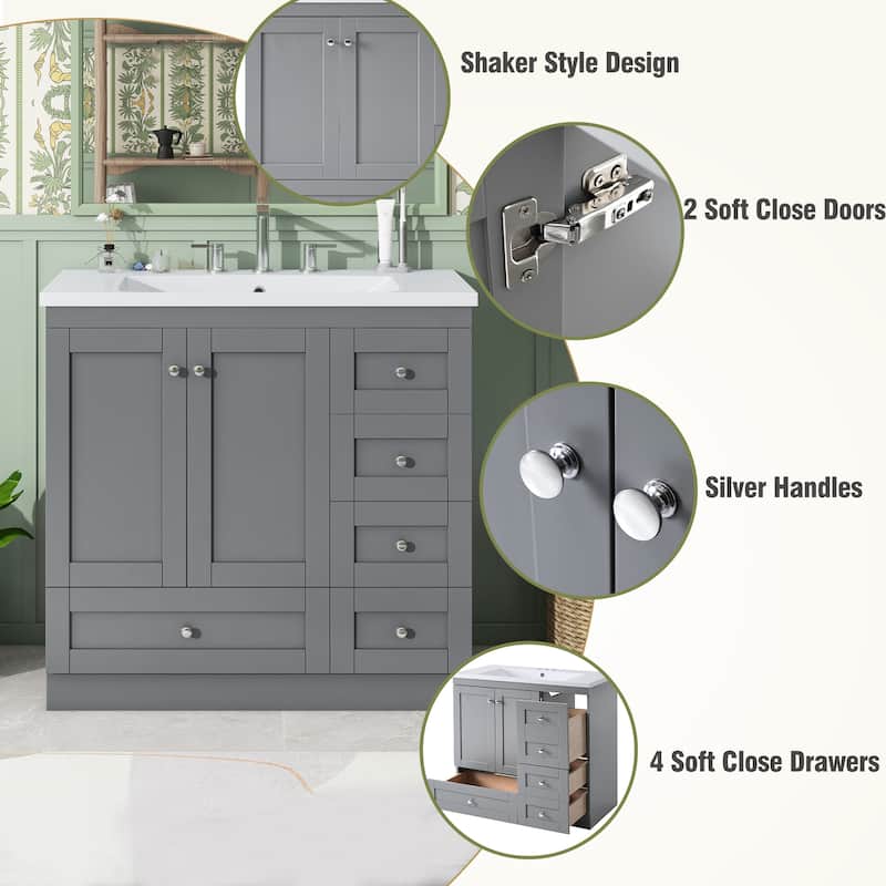 Shaker Style Free-Standing Bathroom Vanity Cabinet with Sink, 4 Soft-Close Drawers & 2 Soft-Close Doors