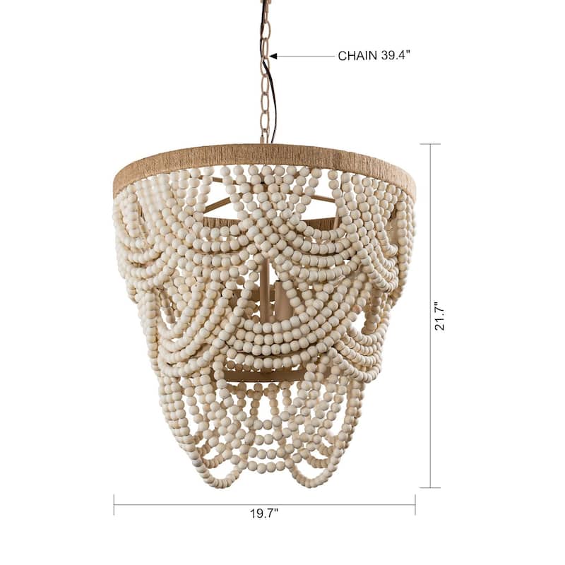 Bohemia 4-Light Off-white Adjustable Distressed Beaded Pendant Chandelier - 19.7-in W x 21.7-in H