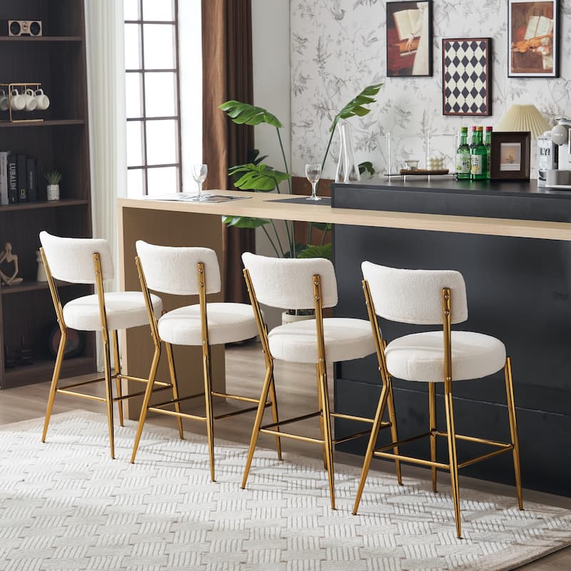 Set of 2 Modern Teddy Fabric Upholstered Bar Stools, Metal Base High Stool Suitable for Kitchen, Dining and Living Room