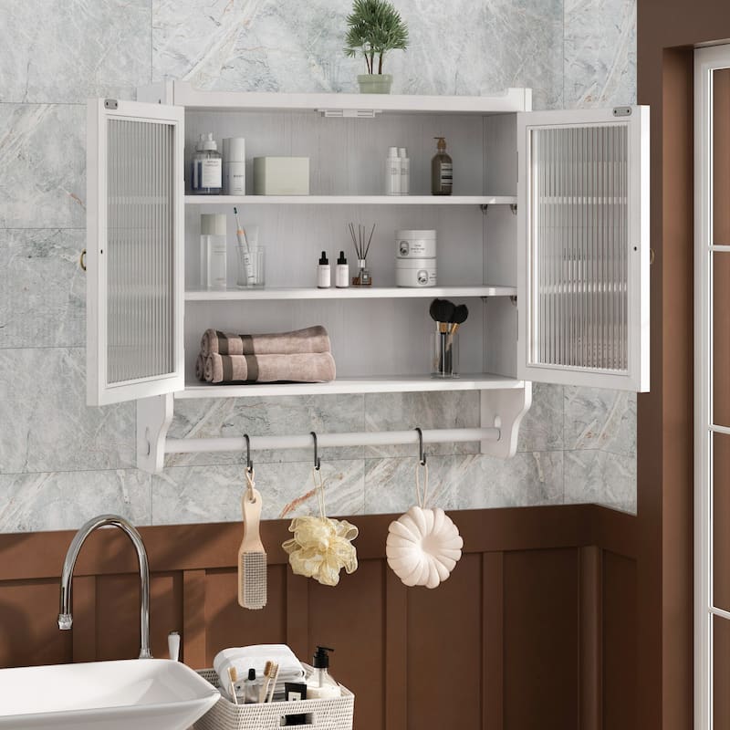 Vintage Style Glass Door Wall Cabinet with Three Tiers of Storage and Towel Racks