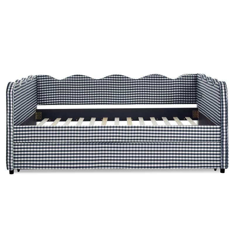 Upholstery Daybed Full Size Sofa Bed with Twin Size Trundle and Charging Ports, Linen Fabric Plaid Pattern and Wavy Silhouette