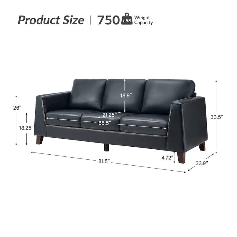 Rita 81.5" Genuine Leather Tuxedo Arm Sofa Couch With Solid Wood Legs By HULALA HOME