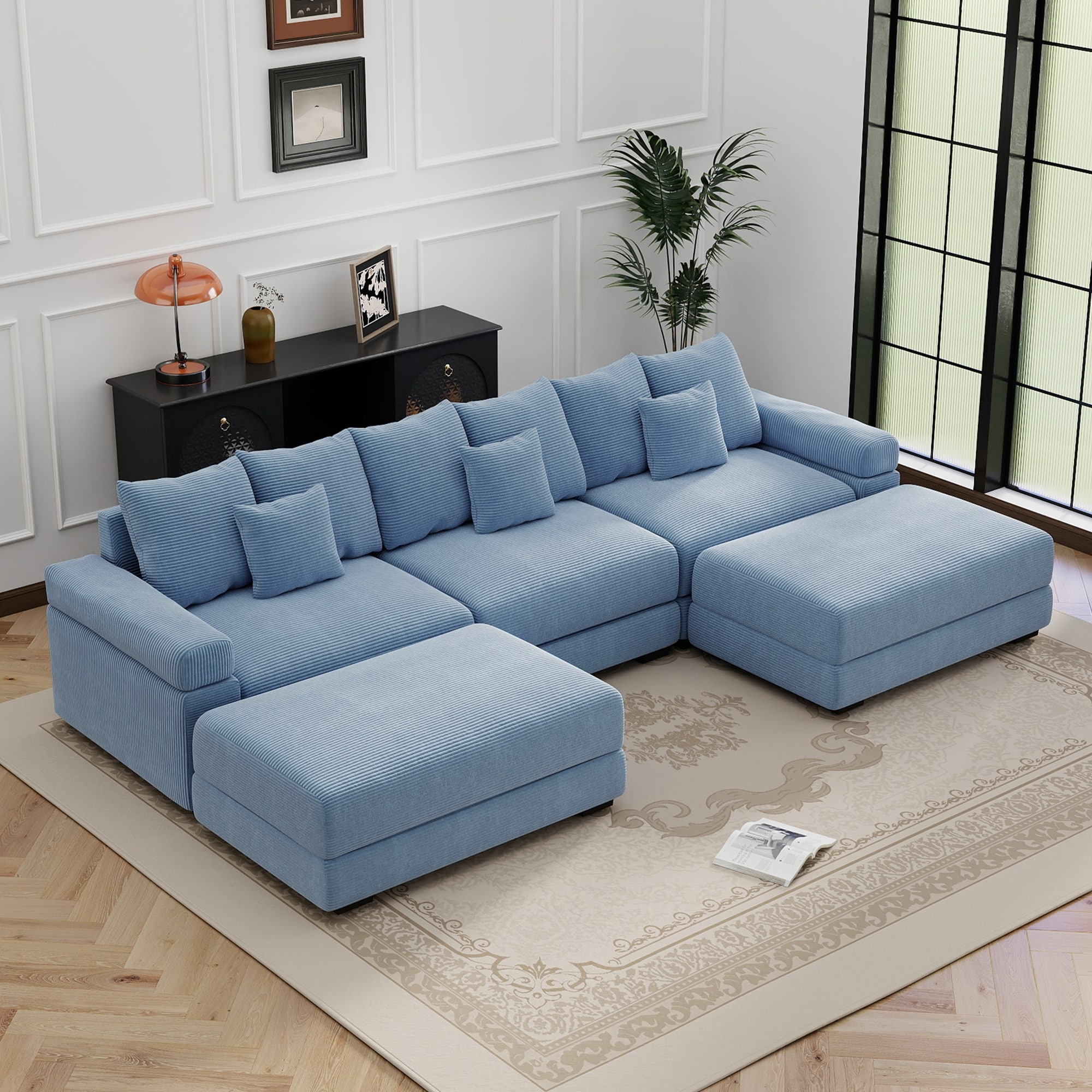 GDFStudio - Corduroy U-Shaped 3-Seater 130" Cloud Modular Sectional Couch with 2 Ottomans
