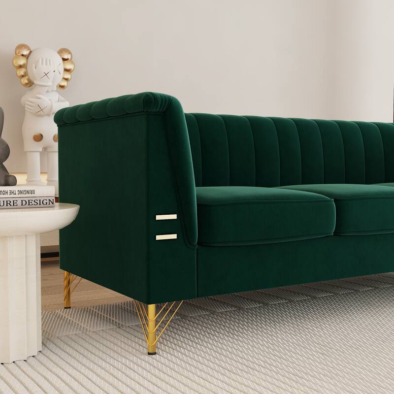 Modern Designs Velvet Upholstered Living Room Sofa, 3 Seat Sofa Couch With Golden Metal Legs with green Sofa - 83.46*31.9*30.5