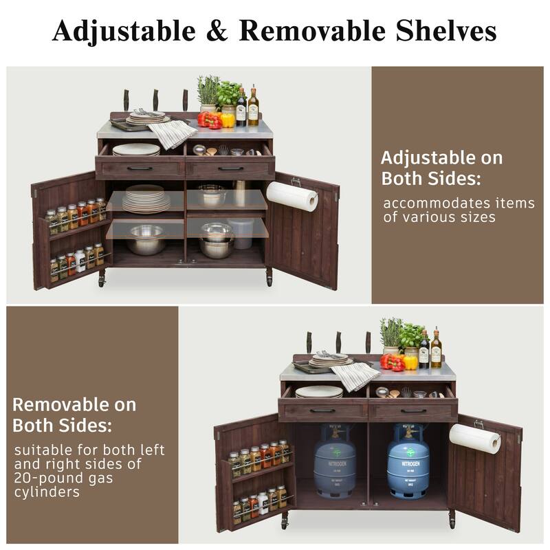 39.4" Outdoor Kitchen Island with Stainless Table Top, with One Large Drawer, Internal Storage Racks & 4 Wheels