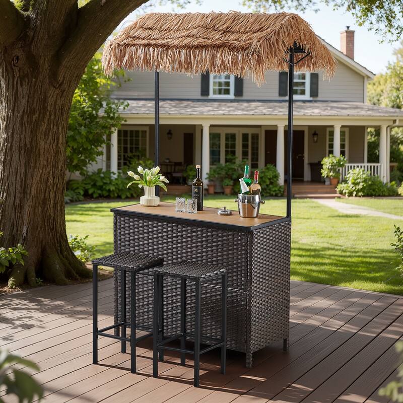 Pocassy Outdoor Patio Tiki Bar Set with 2 Stools Storage for Garden