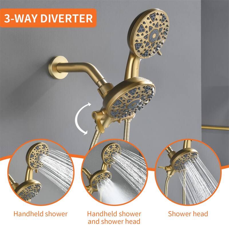 Wall Mount Dual Head Shower Faucet with Tub Spout Brass Complete Shower System with Handheld Shower Valve Included