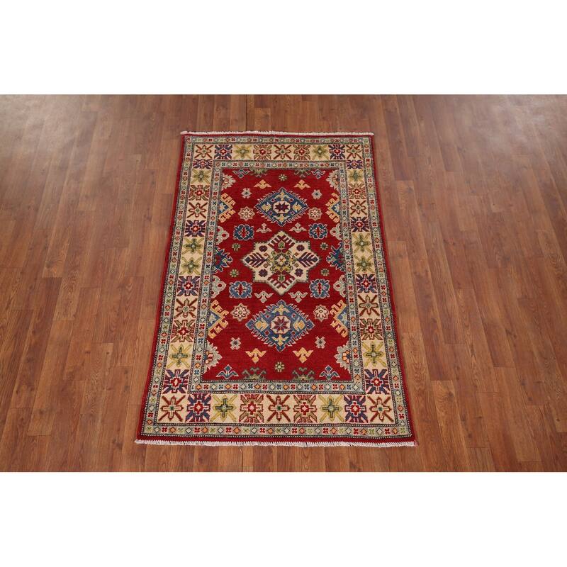 Red Traditional Geometric Kazak Accent Rug Hand-Knotted Wool Carpet - 3'1" x 5'0"