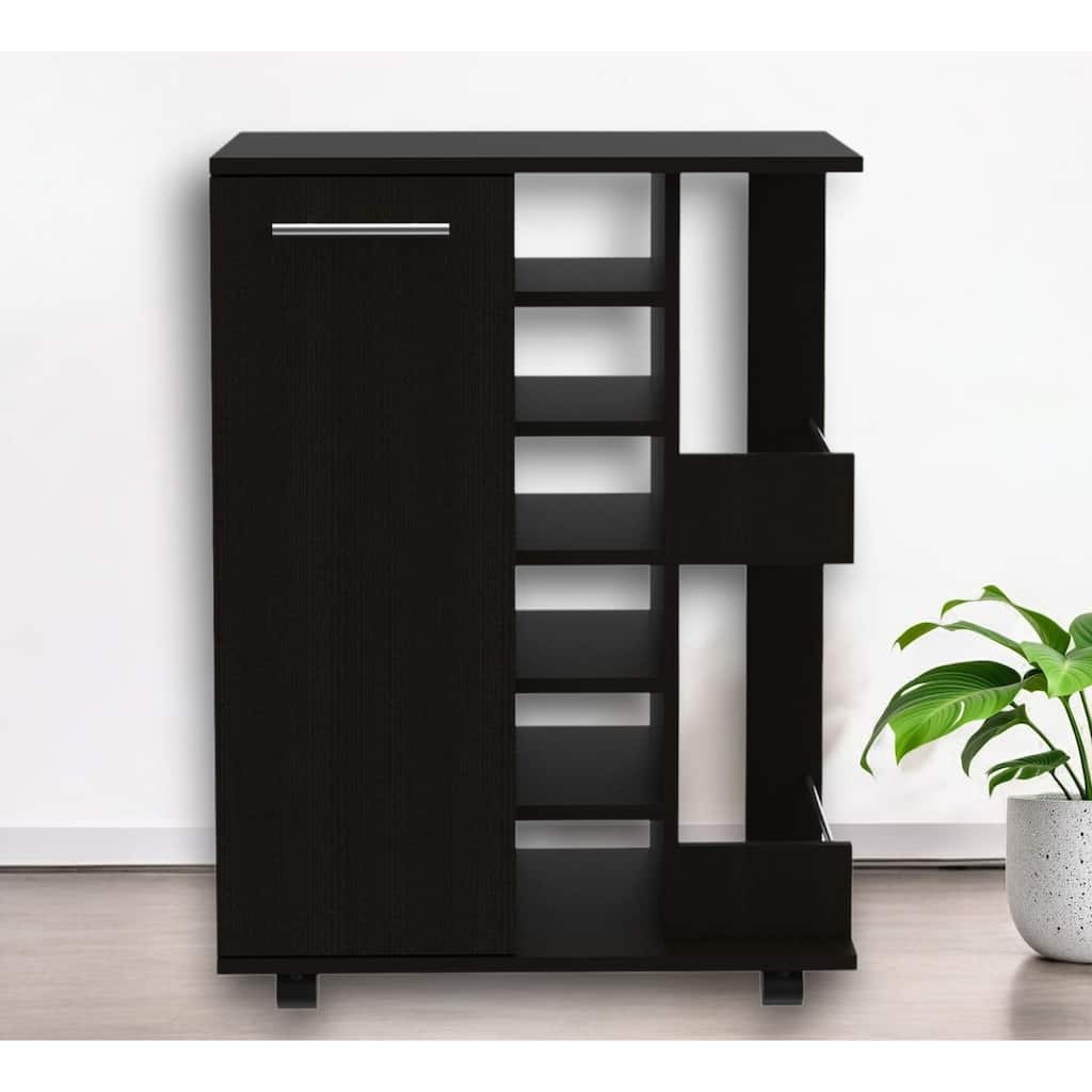 HomeRoots Black Rolling Bar Cart With Wine Storage - 23.70 in. x 32.40 in. x 14.80 in.