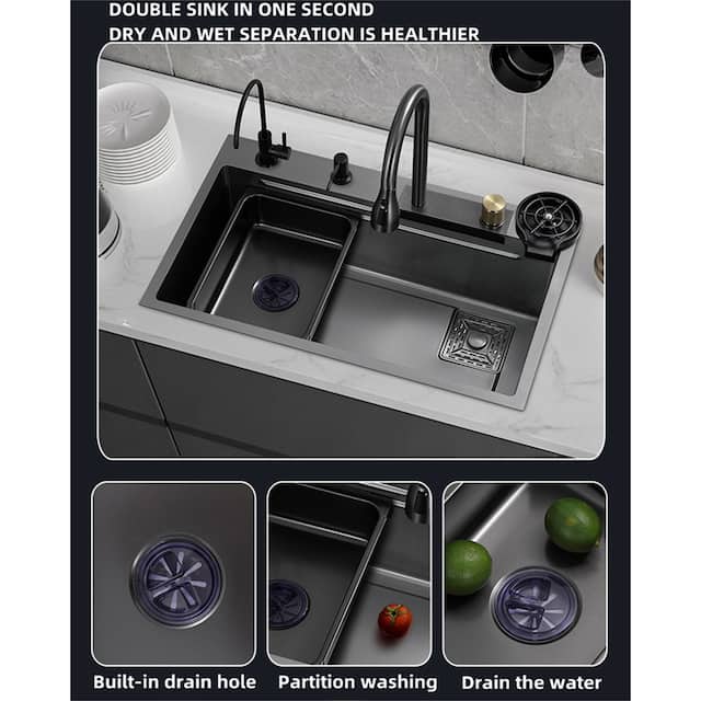 Stainless Steel Drop-in Kitchen Sink Waterfall Faucet and Ac
