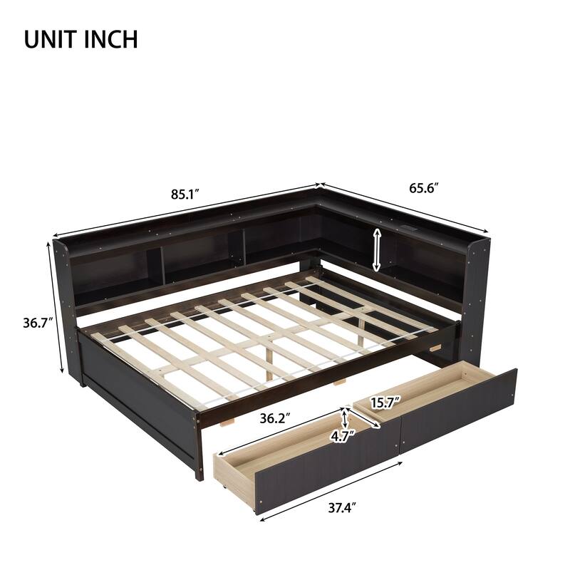 Wooden Platform Sofa Bed Frame with L Shaped Bookcase and Charging Station, Living Room Corner Daybed with 2 Storage Drawers