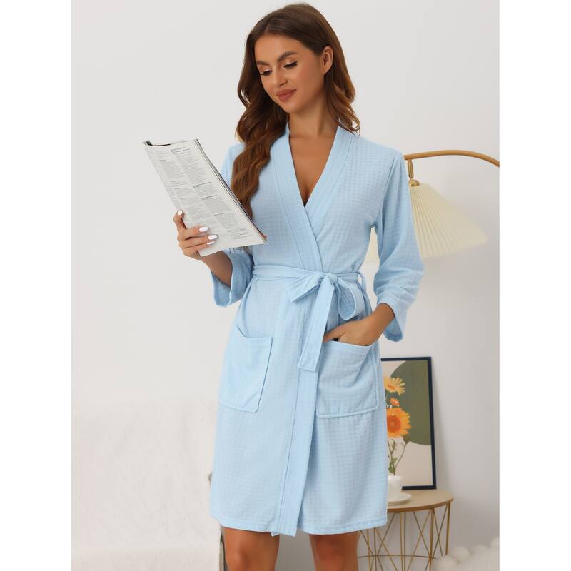 Womens Waffle Bathrobe Soft Kimono Spa & Bath Mid-Length Robes - Sky Blue - S