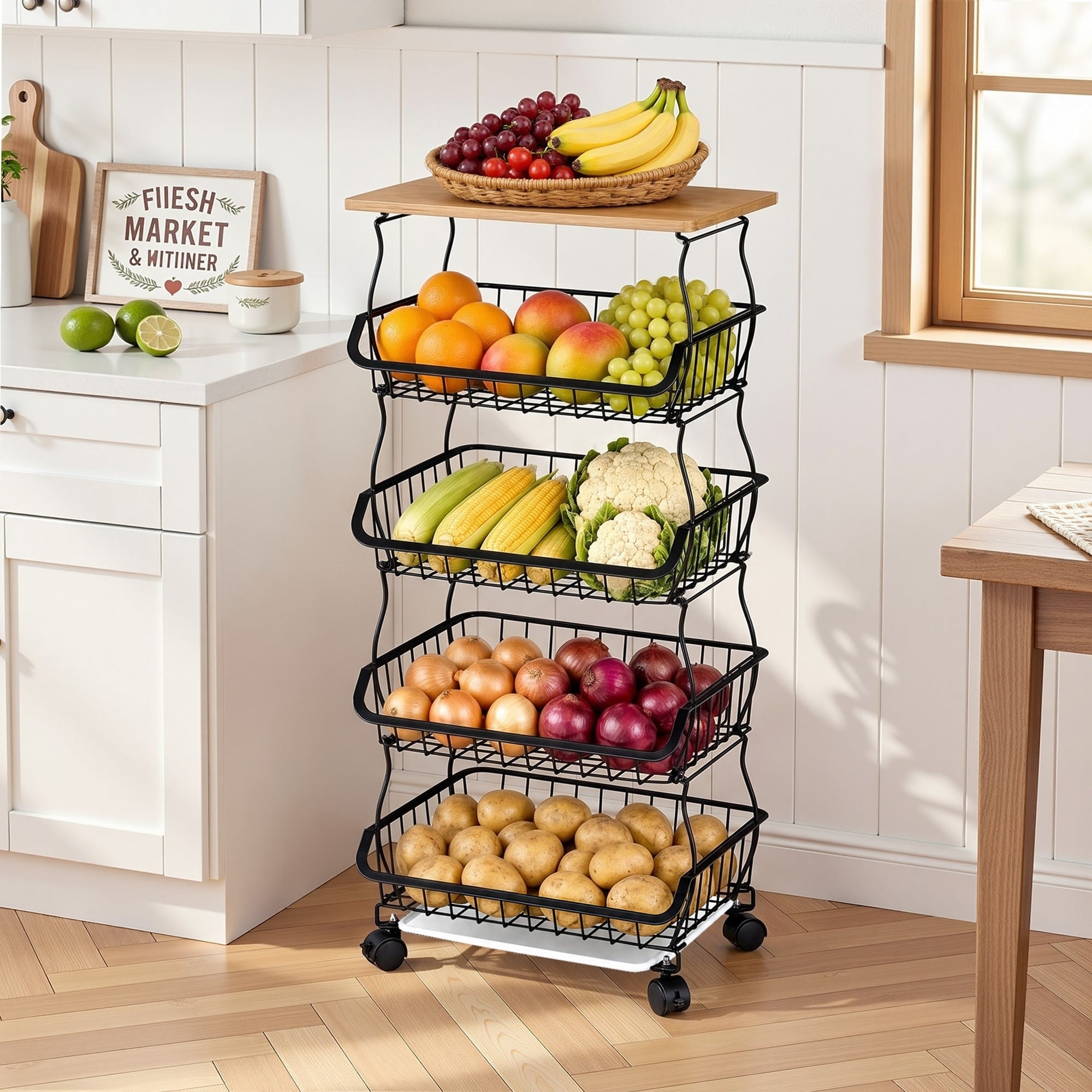 Javlergo 3 Tier/5 Tier Rolling Utility Storage Cart with MDF Top Wire Shelving Kitchen Cart on Lockable Wheels for Living Room