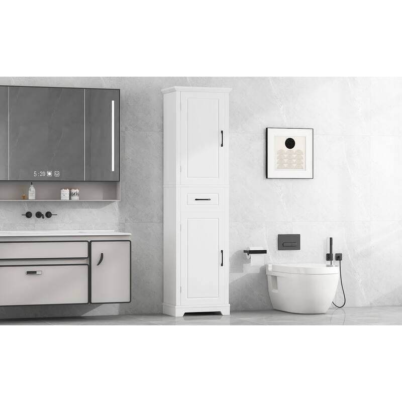 White MDF Bathroom Cabinet with Doors, Drawer and Adjustable Shelves - 20” W x 11.8” D x 72.5” H