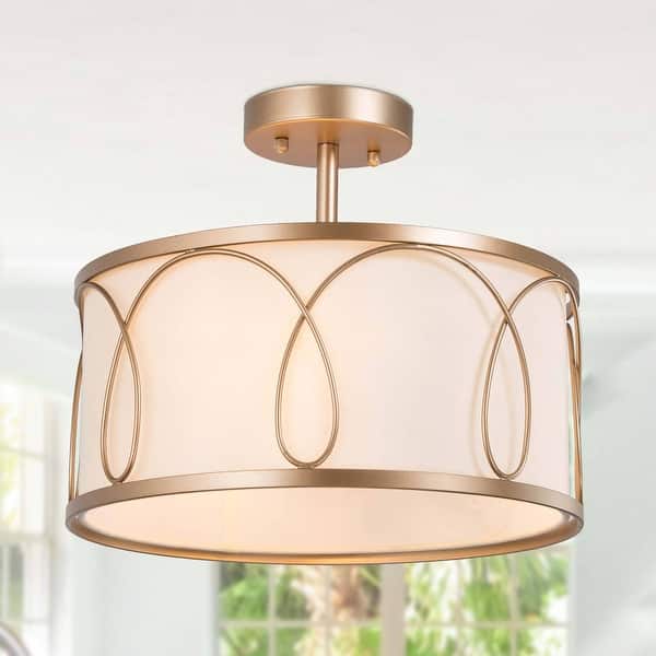 slide 2 of 8, Bella Modern Glam 3-light Drum Semi-Flush Mount Lights Off-white Fabric Chandelier - L13.8'' x W13.8'' x H11.8 L13.8'' x W13.8'' x H11.8 - Gold/Cream