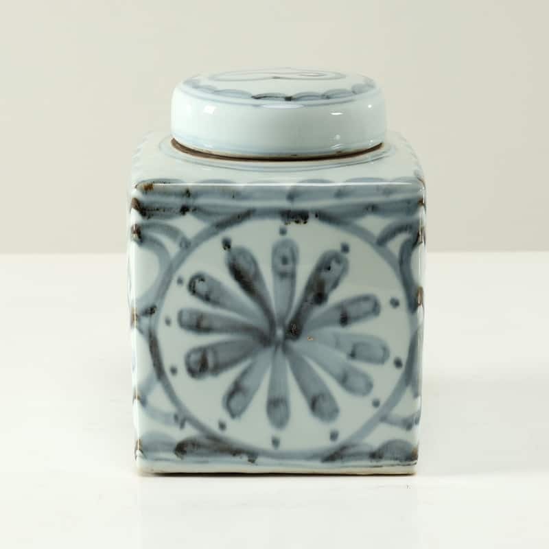 Approx.8 Inches Subtle Blue and White Square Jar with Floral Motif