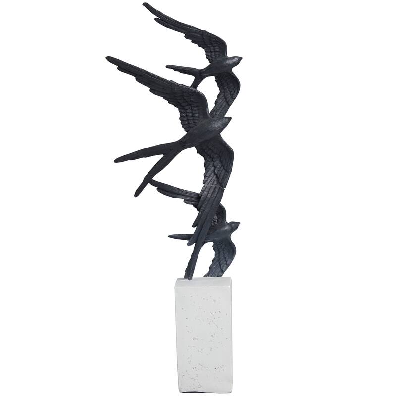 Black Polystone Flying Bird Sculpture with White Block Base