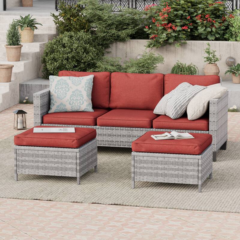 BONOSUKI 3-Piece Patio Sofa Set Grey Rattan Furniture with Ottomans - Rust Red