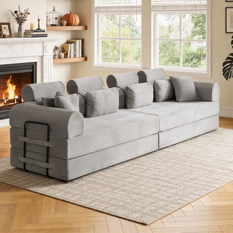 106.3" L-Shaped Corduroy Sectional Sofa with Pillows, No Assembly Required