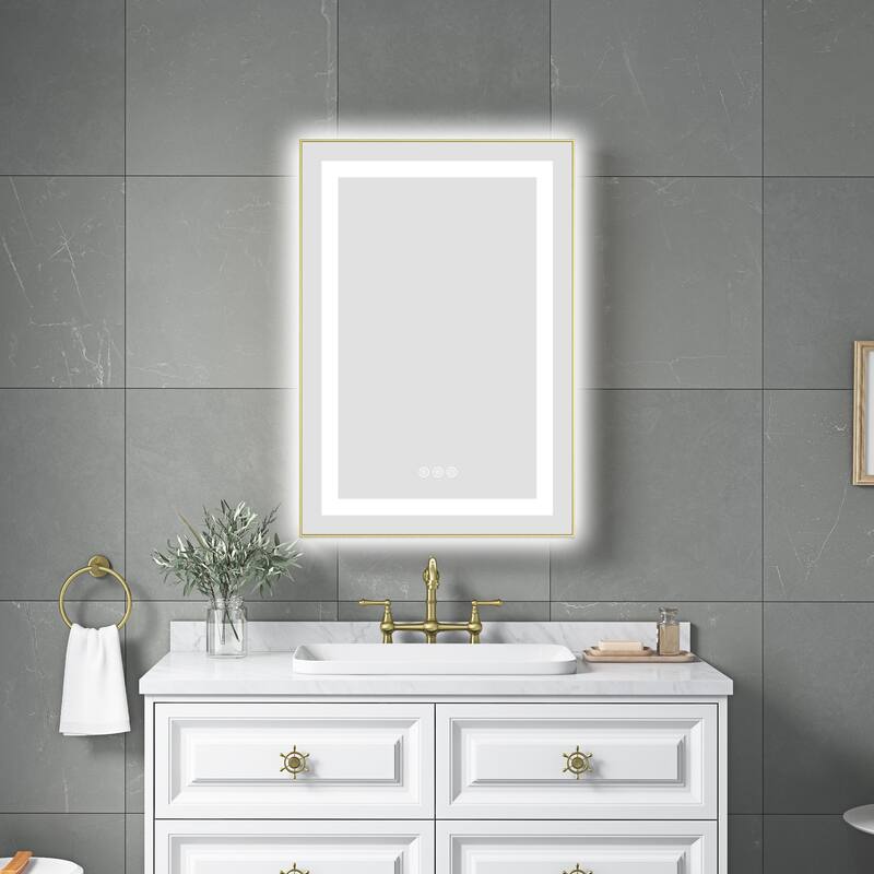 20 x 32 Inch LED Bathroom Mirror with Front and Backlight, Wall Mounted Vanity Mirror with Aluminum Frame, Anti-Fog - Brushed Gold