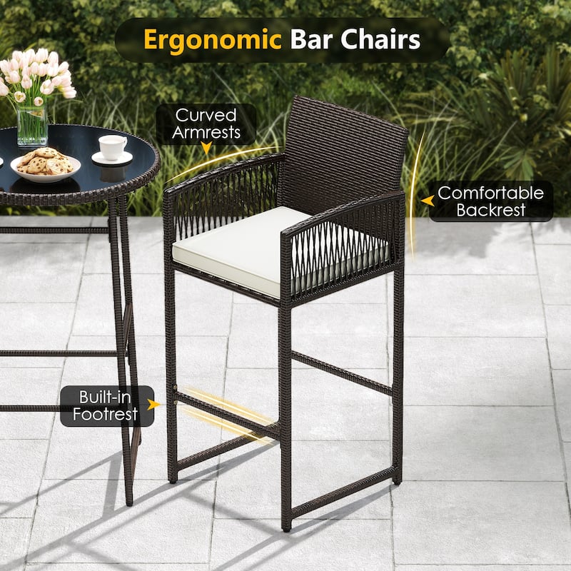 3-Piece Mix Brown Rattan Outdoor Patio Bar Set with Off White Cushions and 2 Chairs Included Table - 20.5" x 19.5" x 44"