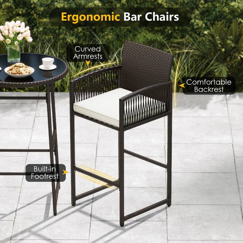 Outdoor 3-Piece Wicker Patio Bar Set with 2 Cushioned Barstools and Tempered Glass Table - 20.5" W x 19.5" D x 44" H