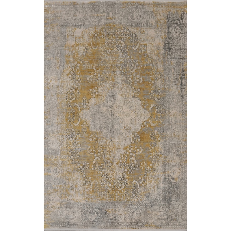 Machine Made Oriental Polyester Carpet Traditional Medallion Yellow & Gold Tabriz Area Rug - 7' 5'' X 5' 2''