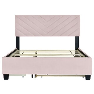 Chevron Headboard Queen Bed with Trundle and Storage Drawers, Upholstered