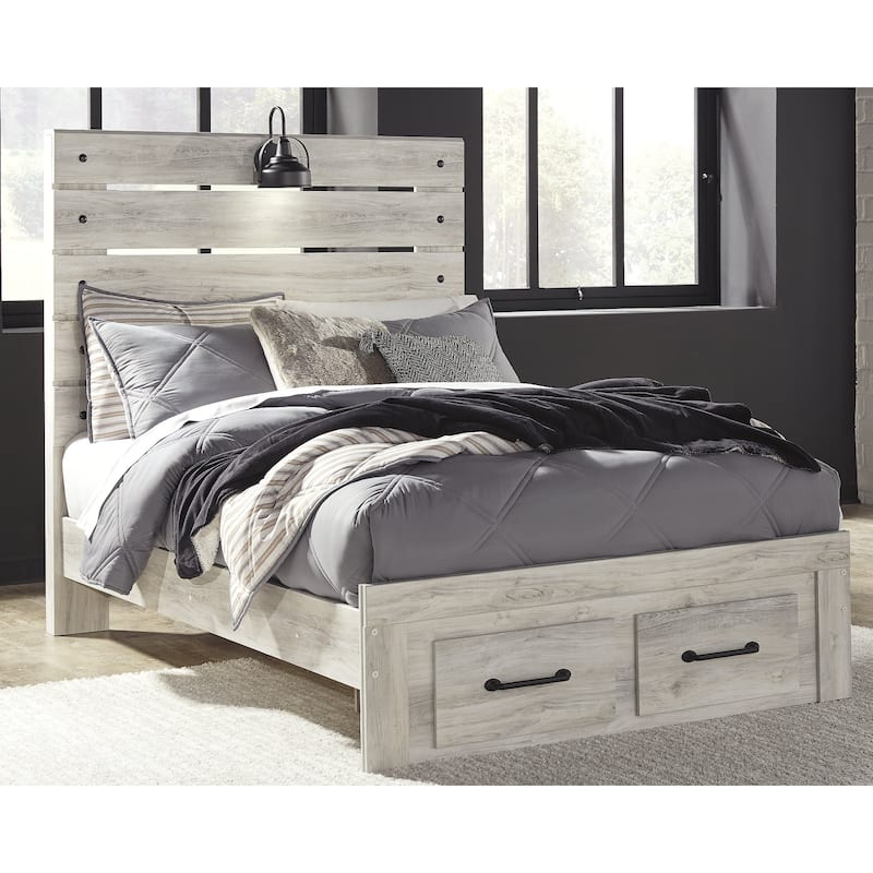 Cambeck Whitewashed Panel Bed w/ 2 Footboard Storage Drawers