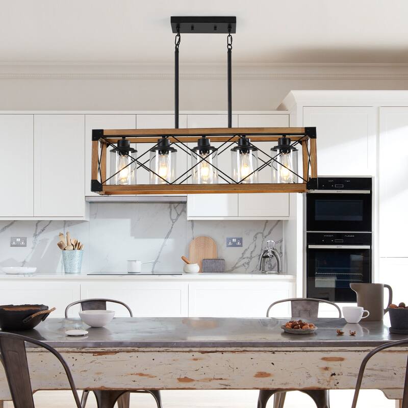 Rustic 5-Light Red Farmhouse Chandelier with Adjustable Suspension for Kitchen Island, Dining Room, and Living Room - Red