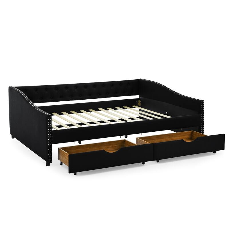 Tufted Button Daybed with 2 Storage Drawers/Upholstered Sofa Bed Frame w/Copper Nail on Waved Shape Armrests/No Spring Box Need