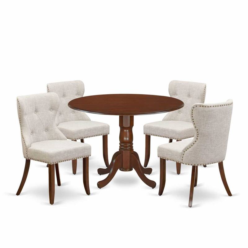 HomeStock 5-Pc Round Mahogany Finish Solid Wood Top Dining table with 4 Chairs with Drop Leaf