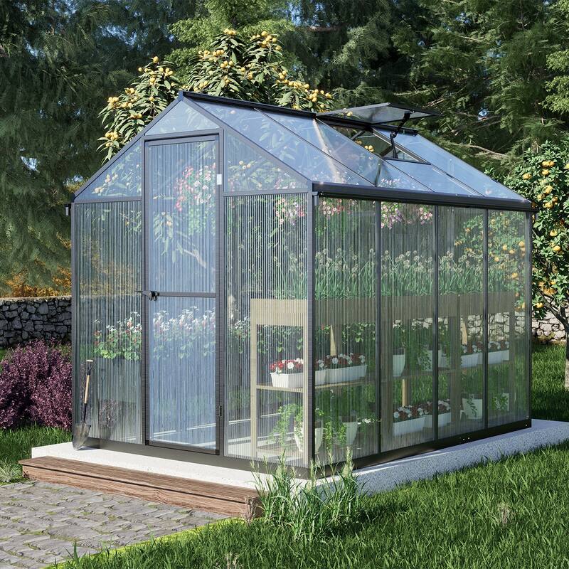 Aoodor 6' x 8' Walk-in Polycarbonate Greenhouse with Roof Vent and Door lock - 8x6