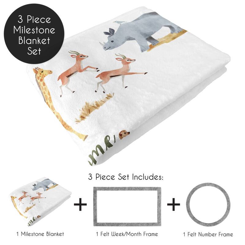 Jungle Animals Baby Monthly Milestone Blanket Hunter Green Black and White Safari Elephant Giraffe Lion Monkey Leopard Cheetah