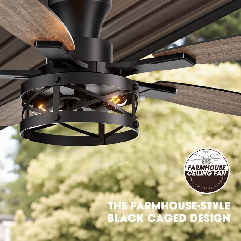 52 Inch Farmhouse Ceiling Fan with Light and Remote Black Industrial Caged Ceiling Fans for Living room - 52 in.